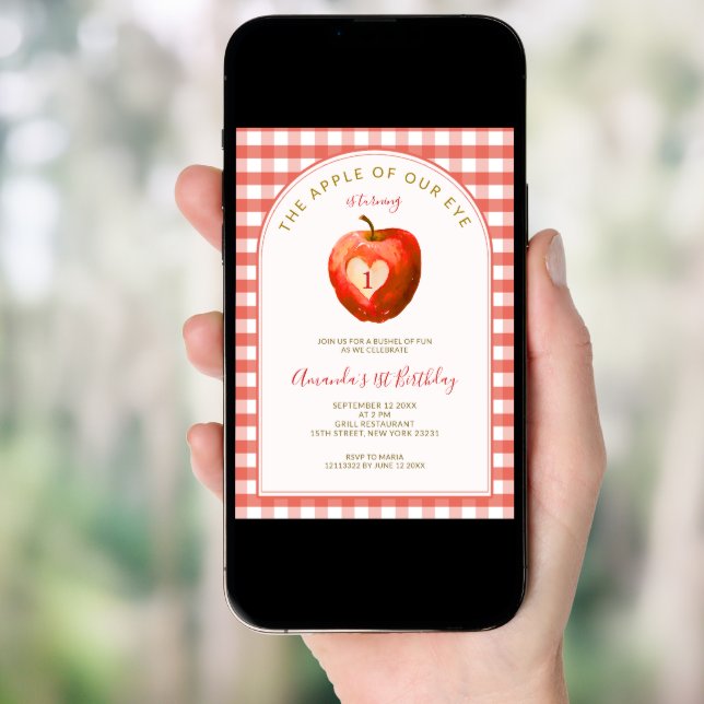 Apple Of Our Eye Fall Red Gingham First Birthday Invitation (Front Digital)