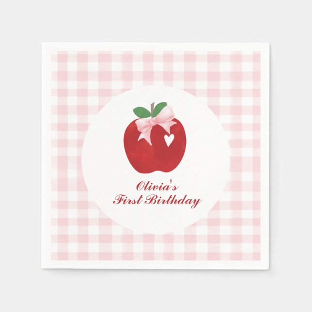 Apple of our Eye first birthday pink bow Napkins (Front)
