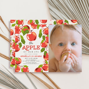 Apple of our Eye Floral Photo 1st Birthday Invitation