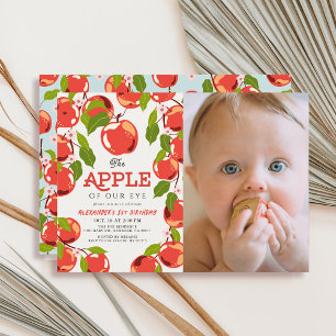 Apple of our Eye Floral Photo Boy's 1st Birthday Invitation