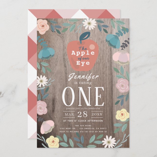 Apple of our Eye Floral Wood Girl 1st Birthday Invitation (Front/Back)