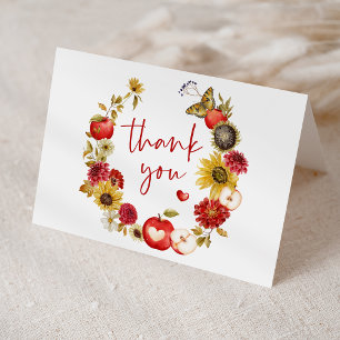 Apple of Our Eye Floral Wreath Fall Baby Shower Letterpress Thank You Card