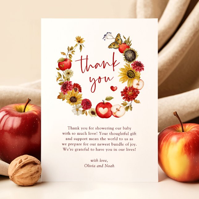 Apple of Our Eye Floral Wreath Fall Baby Shower Thank You Card (Creator Uploaded)