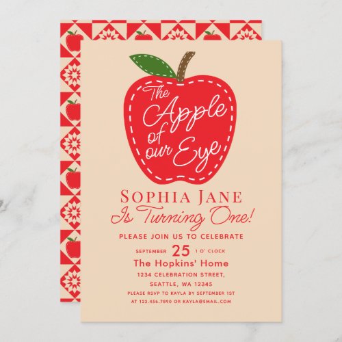 Apple of our Eye  Girl 1st Birthday Invitation