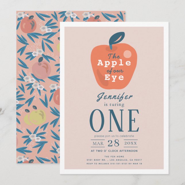 Apple of our Eye Girl Pink 1st Birthday Invitation (Front/Back)