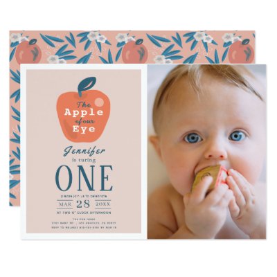 Apple of our Eye Girl Pink Photo 1st Birthday Invitation