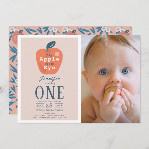 Apple of our Eye Girl Pink Photo 1st Birthday Invitation