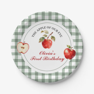 Apple of our eye green plaid first birthday paper plates
