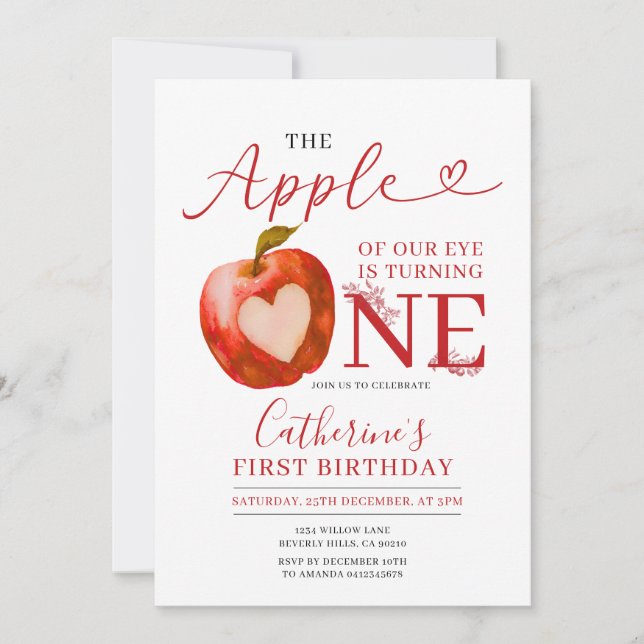 Apple of Our Eye is turning one Birthday Gingham Invitation (Front)