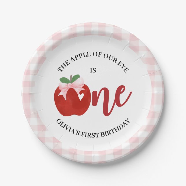 Apple of our eye Pink bow birthday Paper Plates (Front)
