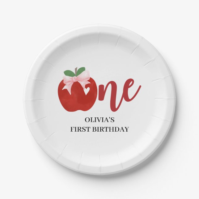 Apple of our eye Pink bow birthday Paper Plates (Front)
