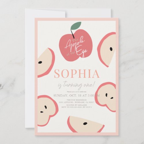 Apple of our Eye Pink Girl 1st Birthday Invitation