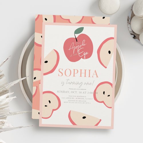 Apple of our Eye Pink Girl 1st Birthday Invitation