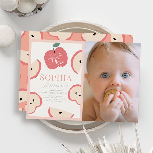 Apple of our Eye Pink Girl 1st Birthday Photo Invitation