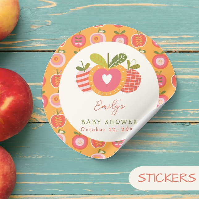Apple of Our Eye Whimsical Baby Shower Orange Classic Round Sticker (Creator Uploaded)