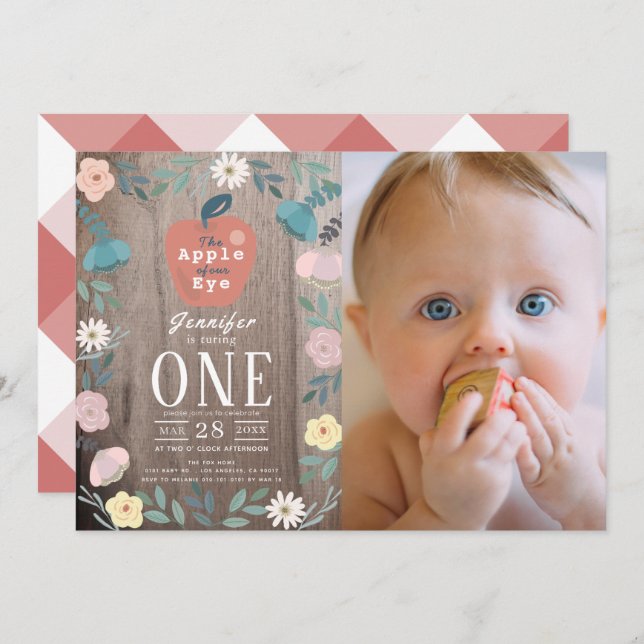 Apple of our Eye Wood Girl Photo 1st Birthday Invitation (Front/Back)