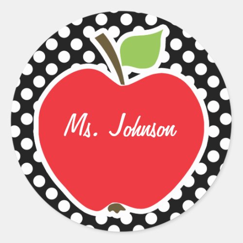 Apple on Black and White Polka Dots Classic Round Sticker