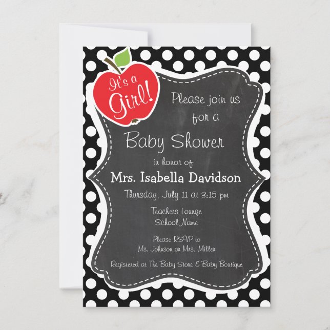 Apple on Black and White Polka Dots Invitation (Front)