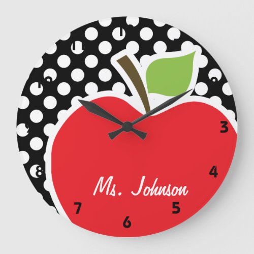 Apple on Black and White Polka Dots Large Clock