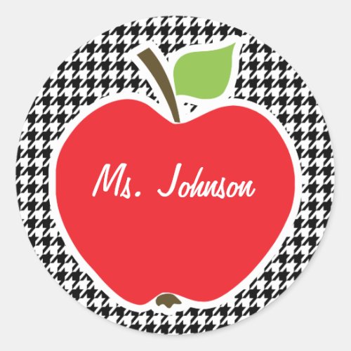 Apple on Black  White Houndstooth Classic Round Sticker