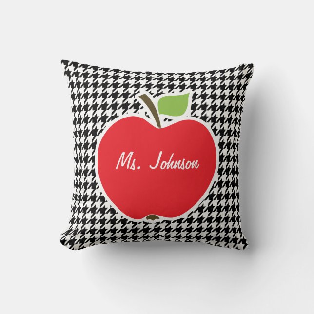Apple on Black & White Houndstooth Throw Pillow (Front)