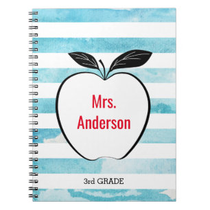 Apple on Blue Watercolor Stripes for Teacher Notebook