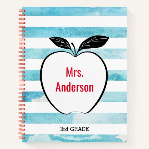 Apple on Blue Watercolor Stripes for Teacher Notebook - This teacher notebook features a black and white drawing of an apple on a modern blue watercolor striped background. Red custom text allows you to add the teachers name, and grade.