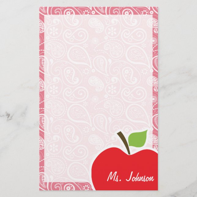 Apple on Blush Pink Paisley Stationery (Front)