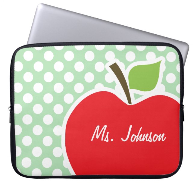 Apple on Celadon Green Polka Dots Laptop Sleeve (Front)