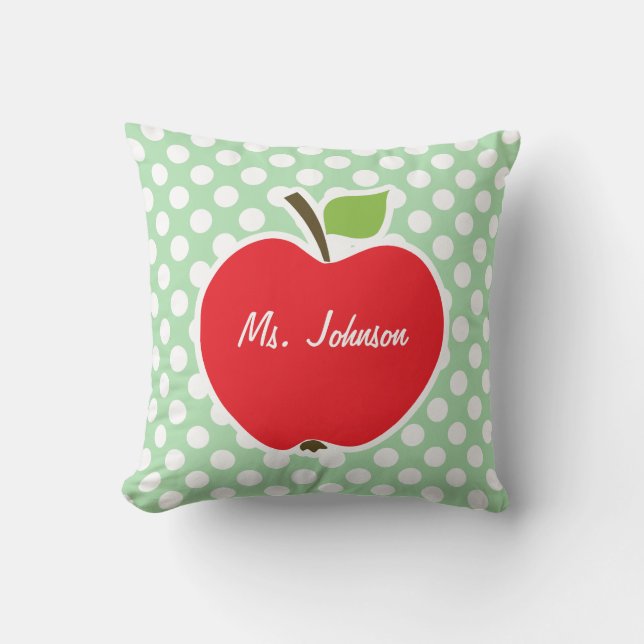 Apple on Celadon Green Polka Dots Throw Pillow (Front)