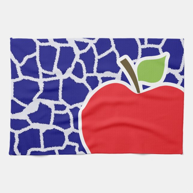 Apple on Dark Blue Giraffe Animal Print Towel (Horizontal)