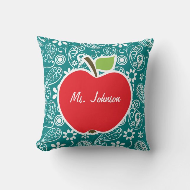Apple on Dark Cyan Paisley Throw Pillow (Front)