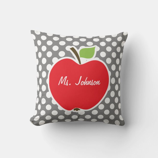 Apple on Dark Gray Polka Dots Throw Pillow (Front)