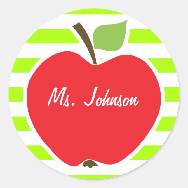 Apple on Electric Lime Green Horizontal Stripes Classic Round Sticker (Front)