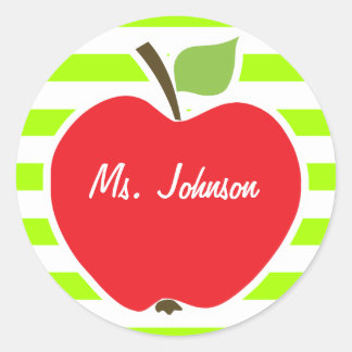 Apple on Electric Lime Green Horizontal Stripes Classic Round Sticker