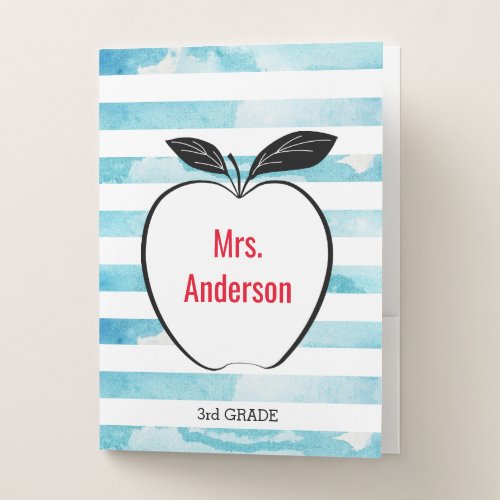 Apple on Trendy Watercolor Stripes,Teacher Pocket Folder - The design on this teachers folder is a black and white drawing of an apple with a trendy blue watercolor striped background. Red custom text allows you to add the teachers name, and grade.