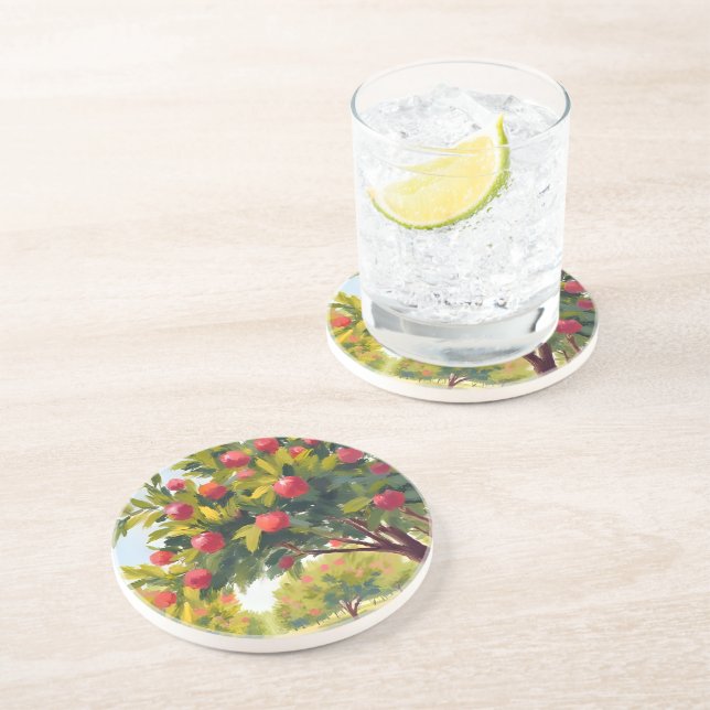 Apple Orchard Autumn Fall Watercolor Coaster (Side)