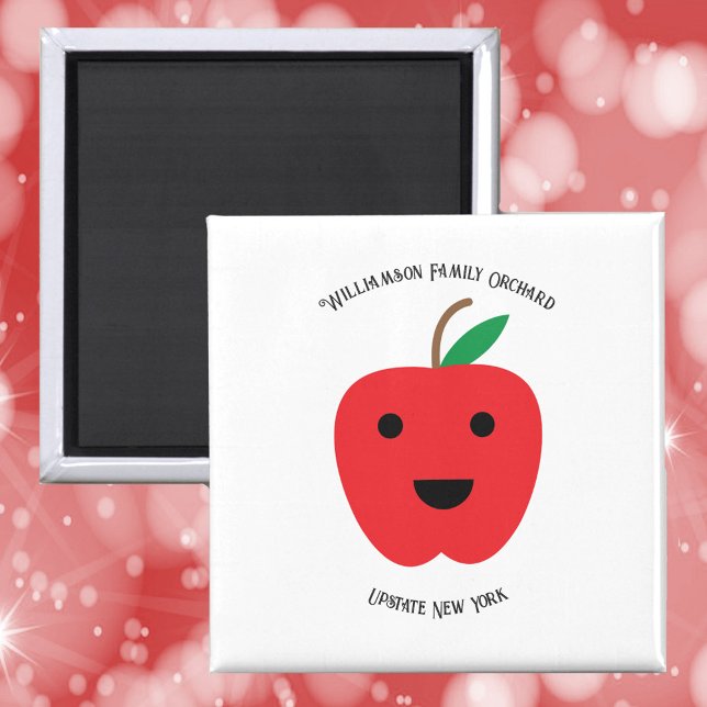 Apple Orchard Cute Family Personalize Magnet (A magnet with a cute red apple with a smile and text you can personalize!)