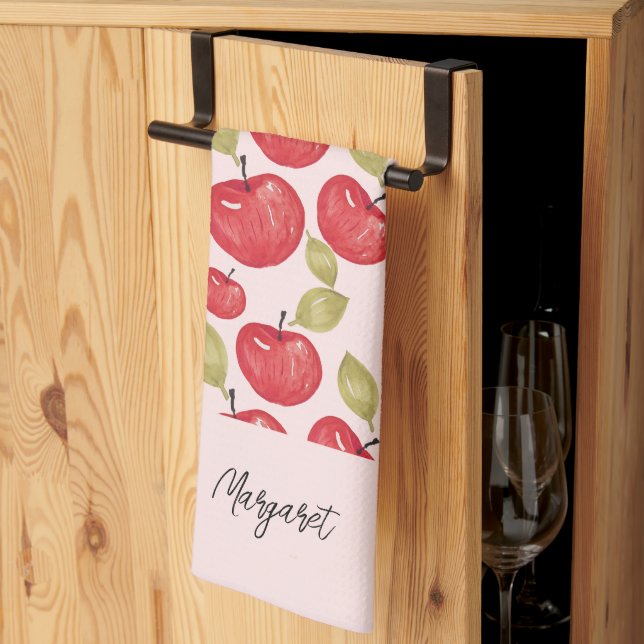 Apple Pattern Watercolor Hand-painted Monogram Kitchen Towel (Thirds Fold)