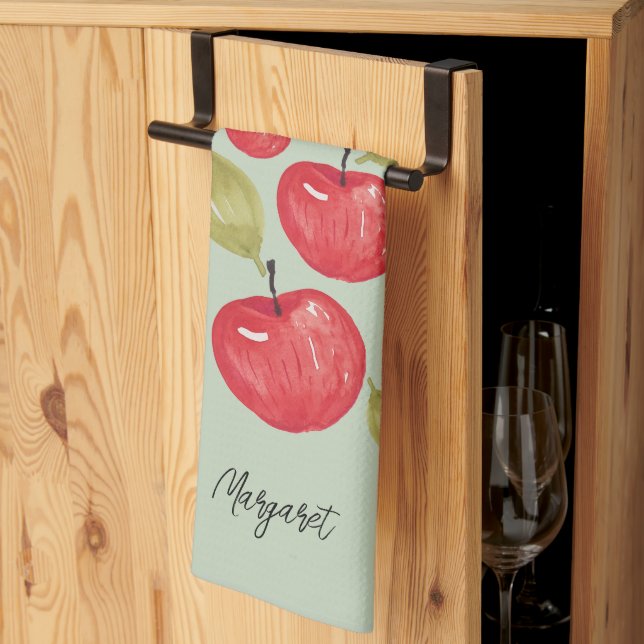 Apple Pattern Watercolor Hand-painted Monogram Kitchen Towel (Thirds Fold)
