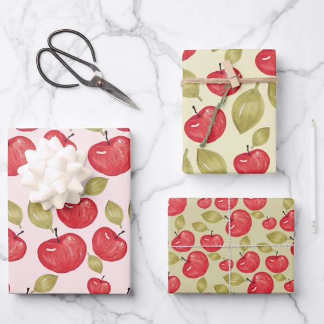 Apple Pattern Watercolor Hand-painted Wrapping Paper Sheets (Front)