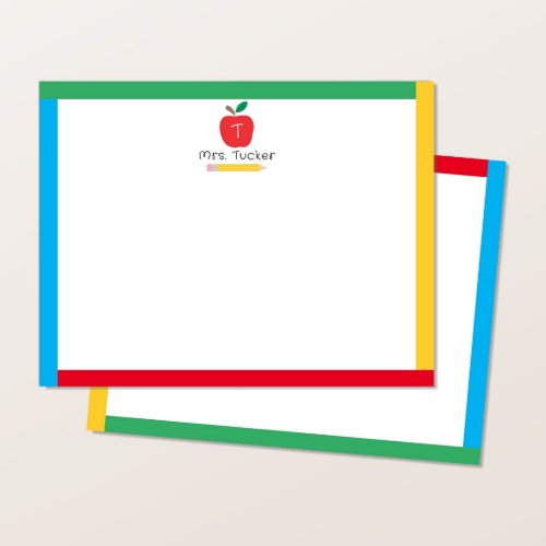 Apple Pencil Cute Primary Colors Monogram Teacher Note Card