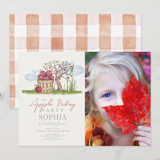 Apple Picking Basket & Apple Tree Birthday Photo Invitation (Front/Back)
