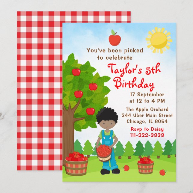 Apple Picking Birthday African American Boy Invita Invitation (Front/Back)