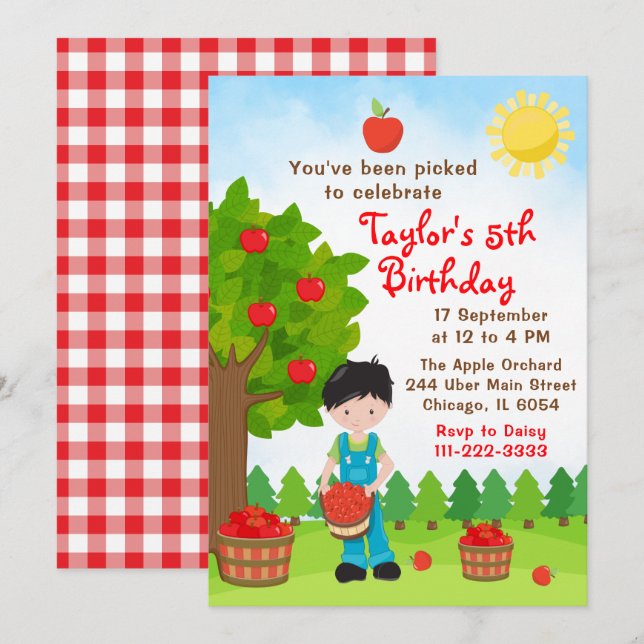 Apple Picking Birthday Black Hair Boy Invitation (Front/Back)