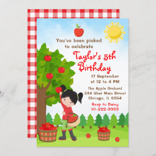 Apple Picking Birthday Black Hair Girl Invitation