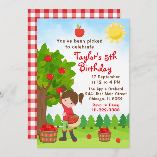 Apple Picking Birthday Brown Hair Girl Invitation (Front/Back)