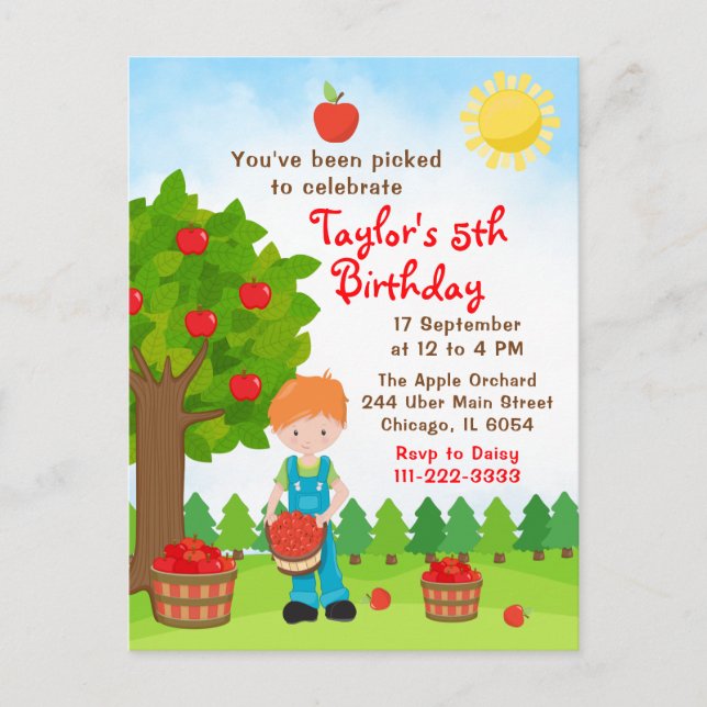 Apple Picking Birthday Red Hair Boy Postcard (Front)