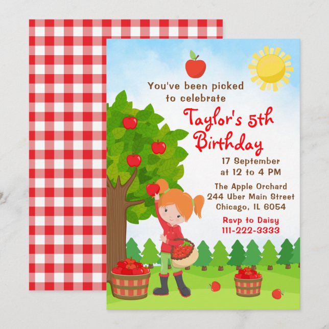 Apple Picking Birthday Red Hair Girl Invitation (Front/Back)
