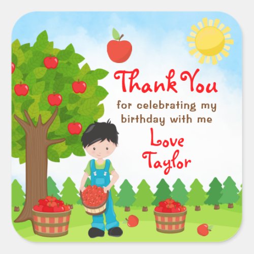 Apple Picking Black Hair Boy Birthday Thank You Sq Square Sticker